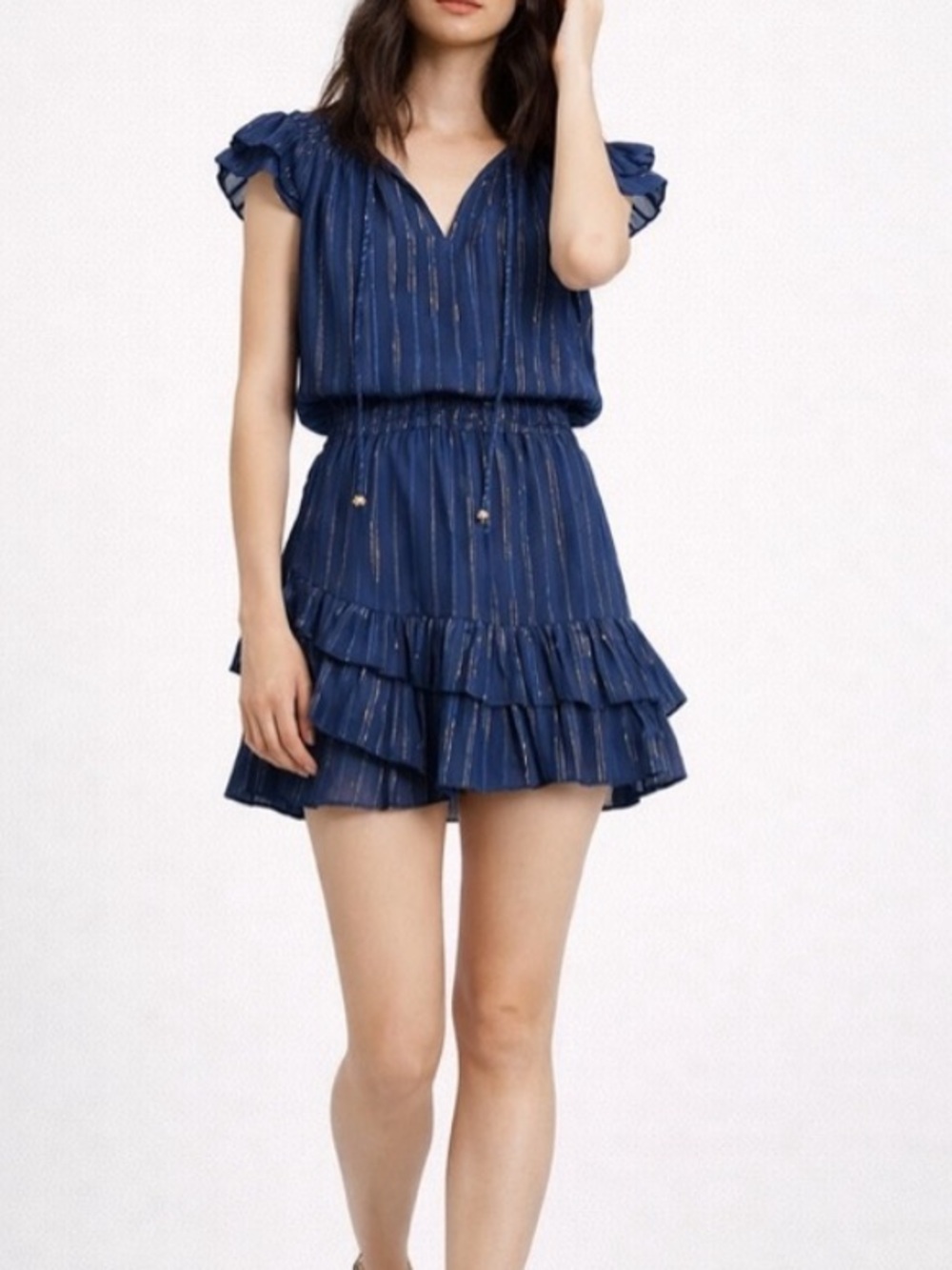 Karina Grimaldi Daisey Metallic Mini Dress Blue Gold Size XS